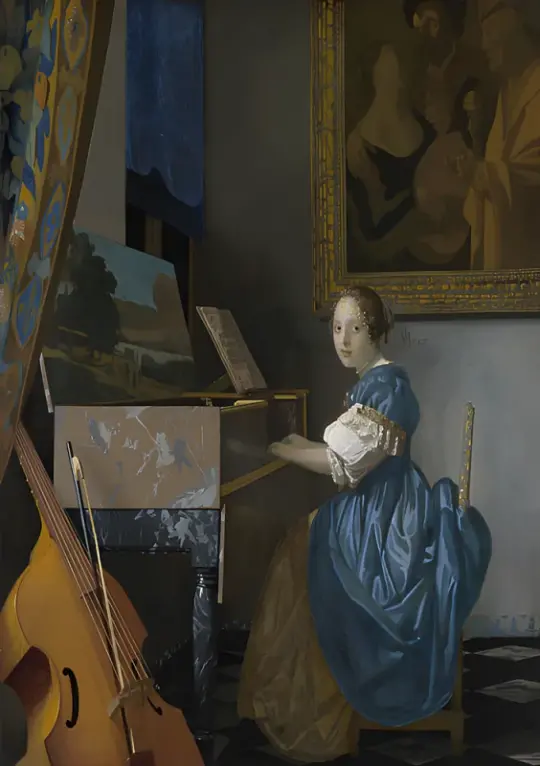Johannes Vermeer | Junge Frau, an einem Virginal sitzend - 1672 | Giclée Kunstdruck gerahmt