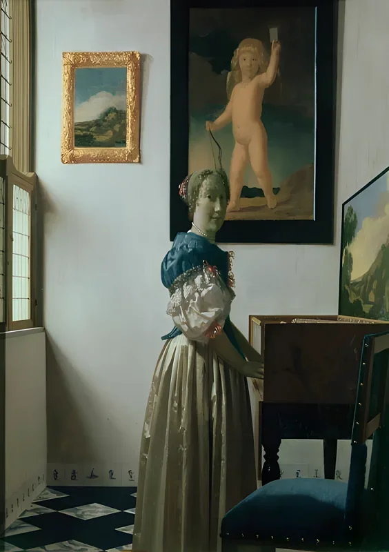 Johannes Vermeer | Frau steht an einem Virginal - 1672 | Giclée Kunstdruck gerahmt