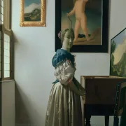 Johannes Vermeer | Frau steht an einem Virginal - 1672 | Giclée Kunstdruck gerahmt