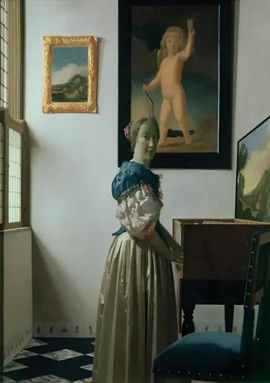 Johannes Vermeer | Frau steht an einem Virginal - 1672 | Giclée Kunstdruck gerahmt