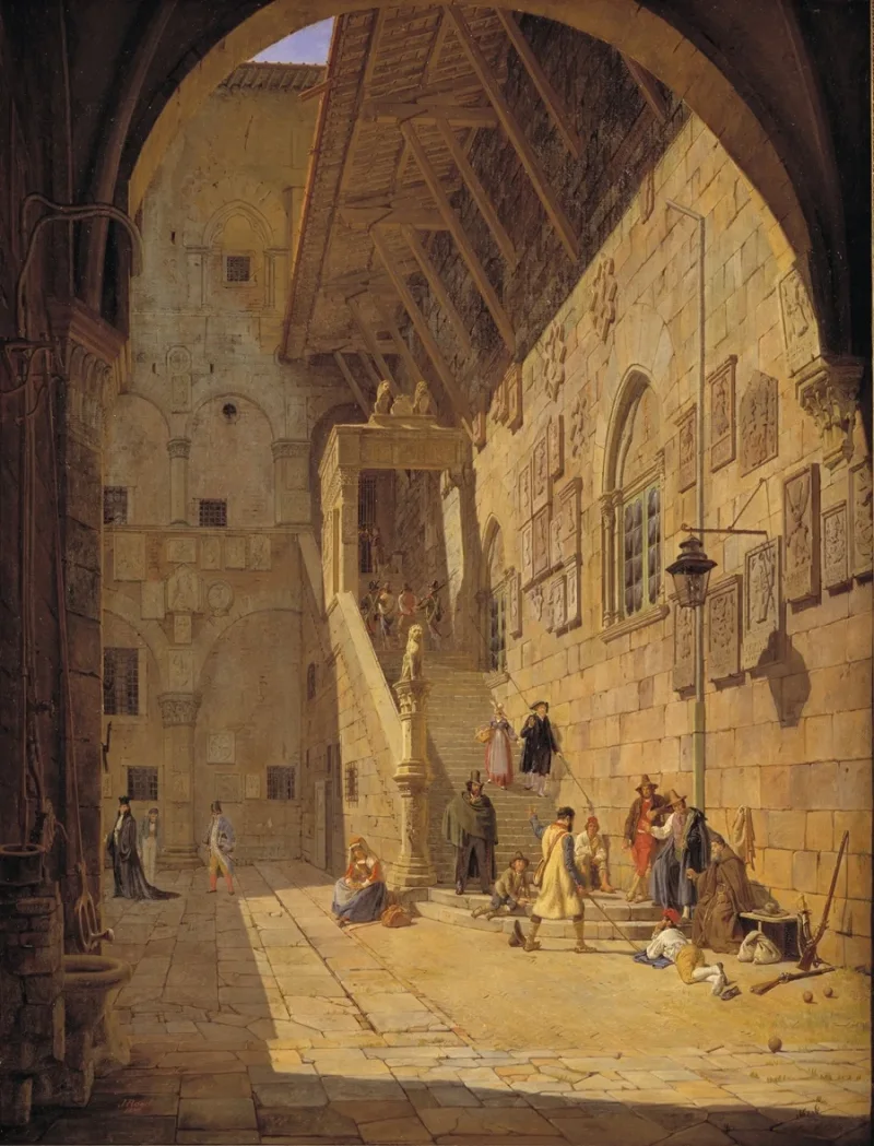 Jörgen Roed – Der Innenhof des Palazzo del Bargello. Florenz 1842  | Giclée Kunstdruck gerahmt
