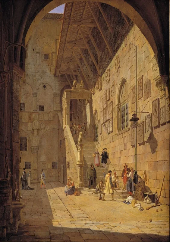 Jörgen Roed | Der Innenhof des Palazzo del Bargello. Florenz - 1842 | Gerahmter Kunstdruck | Goldenes Zeitalter Dänemark | formida