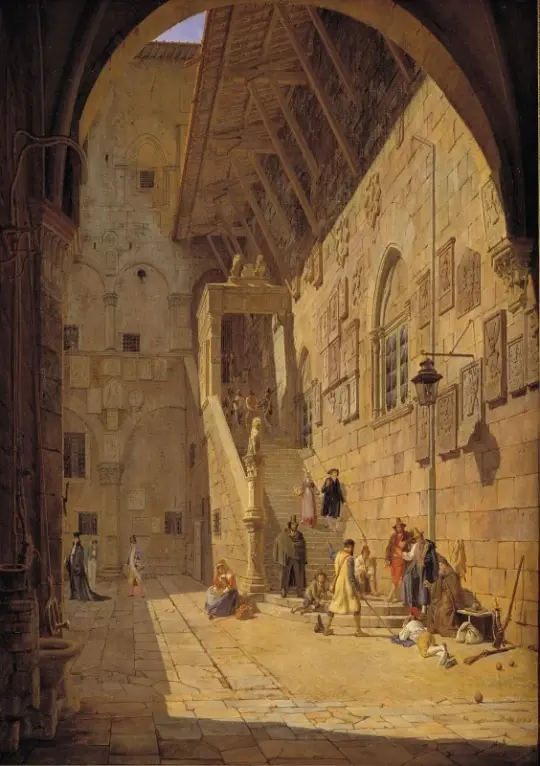 Jørgen Roed | Gården til Palazzo del Bargello. Firenze - 1842 | Indrammet kunsttryk | Danmarks Guldalder | formida