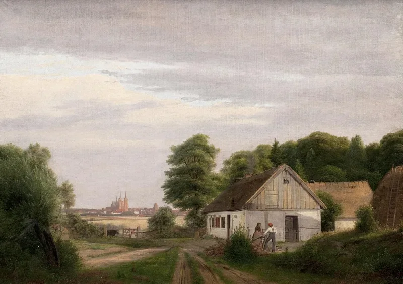 Jörgen Roed | Blick auf Roskilde von einem Bauernhof - 1837 | Gerahmter Kunstdruck | Goldenes Zeitalter Dänemark | formida