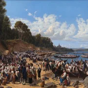 Kirchenbesucher kommen mit dem Boot an der Pfarrkirche an – 1853