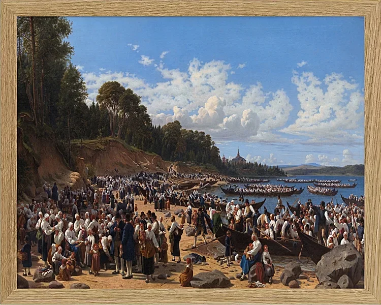 Kirchenbesucher kommen mit dem Boot an der Pfarrkirche an – 1853