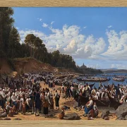 Kirchenbesucher kommen mit dem Boot an der Pfarrkirche an – 1853