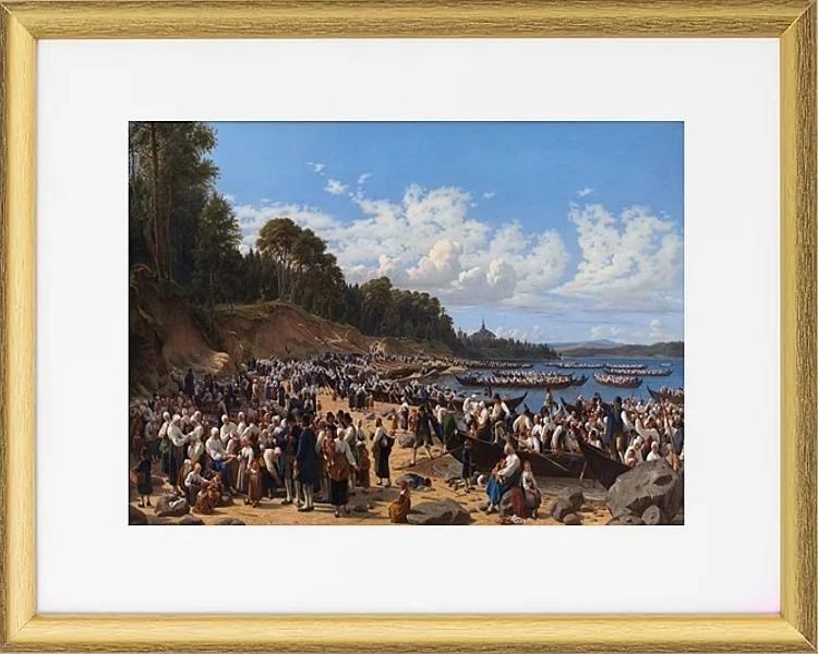 Kirchenbesucher kommen mit dem Boot an der Pfarrkirche an – 1853