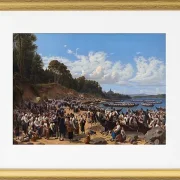 Kirchenbesucher kommen mit dem Boot an der Pfarrkirche an – 1853