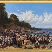 Kirchenbesucher kommen mit dem Boot an der Pfarrkirche an – 1853