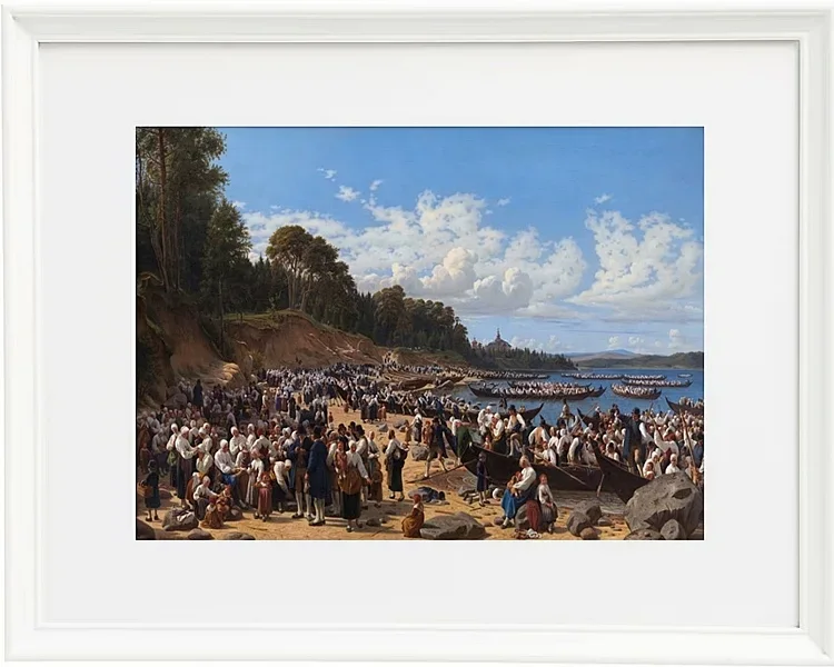 Kirchenbesucher kommen mit dem Boot an der Pfarrkirche an – 1853