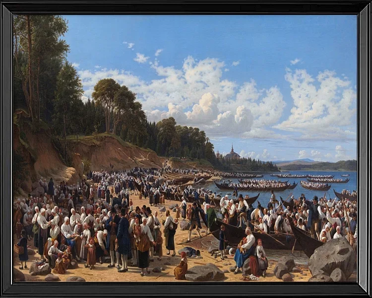 Kirchenbesucher kommen mit dem Boot an der Pfarrkirche an – 1853