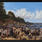 Kirchenbesucher kommen mit dem Boot an der Pfarrkirche an – 1853