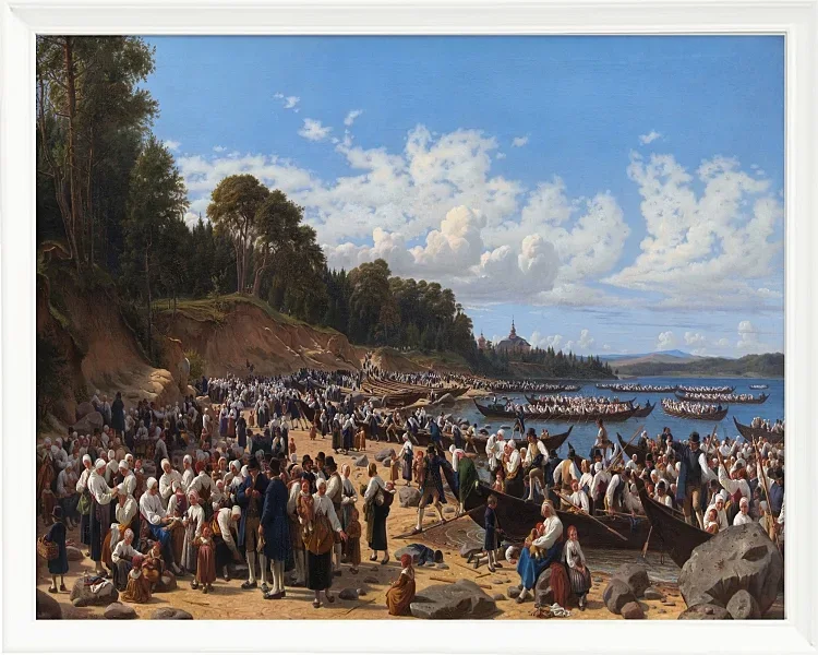 Kirchenbesucher kommen mit dem Boot an der Pfarrkirche an – 1853