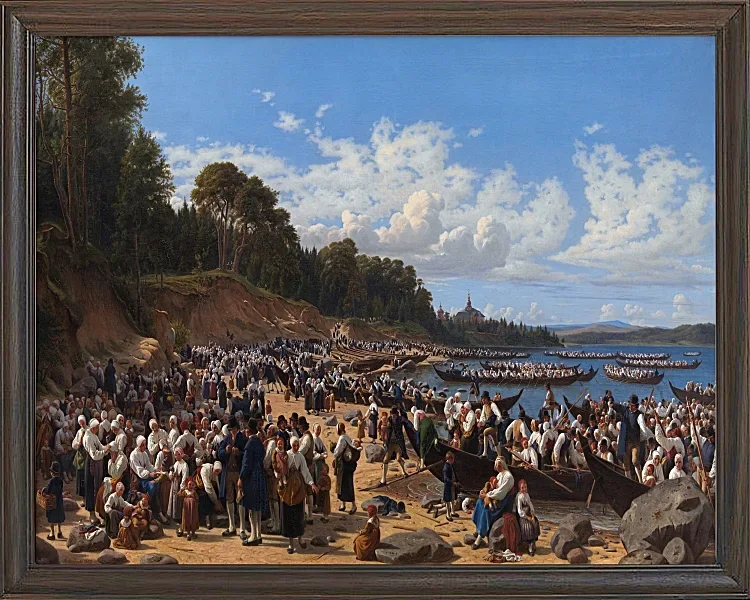 Kirchenbesucher kommen mit dem Boot an der Pfarrkirche an – 1853