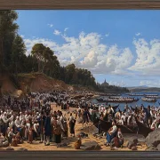 Kirchenbesucher kommen mit dem Boot an der Pfarrkirche an – 1853