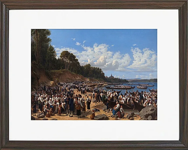 Kirchenbesucher kommen mit dem Boot an der Pfarrkirche an – 1853