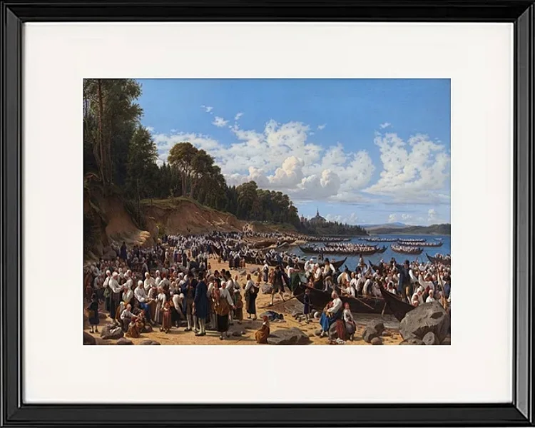 Kirchenbesucher kommen mit dem Boot an der Pfarrkirche an – 1853