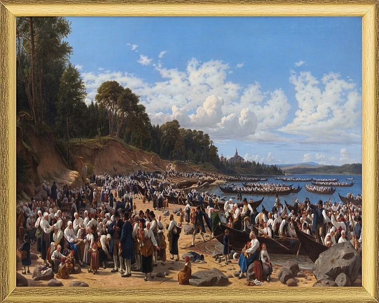 Kirchenbesucher kommen mit dem Boot an der Pfarrkirche an – 1853