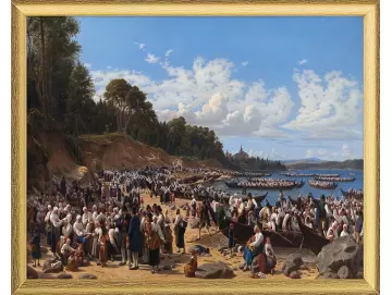 Kirchenbesucher kommen mit dem Boot an der Pfarrkirche an – 1853