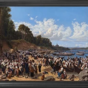 Kirchenbesucher kommen mit dem Boot an der Pfarrkirche an – 1853