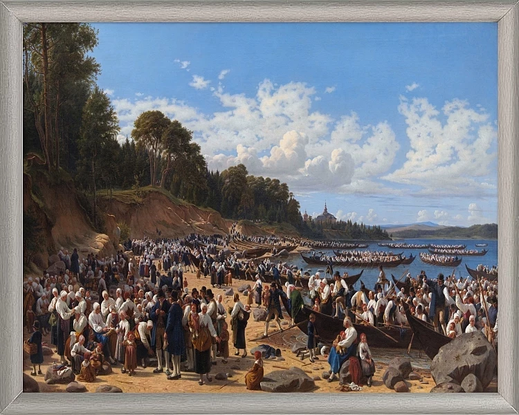 Kirchenbesucher kommen mit dem Boot an der Pfarrkirche an – 1853