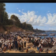 Kirchenbesucher kommen mit dem Boot an der Pfarrkirche an – 1853