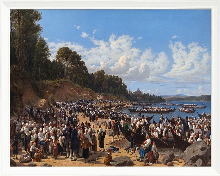 Kirchenbesucher kommen mit dem Boot an der Pfarrkirche an – 1853