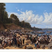 Kirchenbesucher kommen mit dem Boot an der Pfarrkirche an – 1853