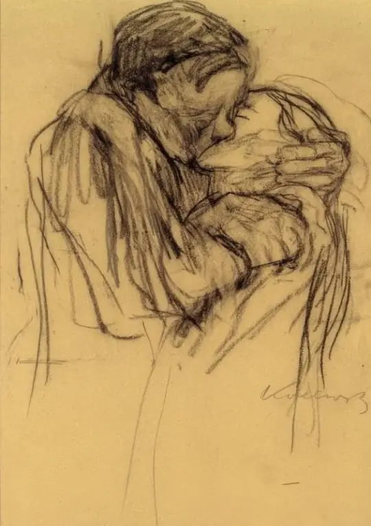 Käthe Kollwitz | Der Kuss - 1909 | Gerahmter Kunstdruck | Realismus