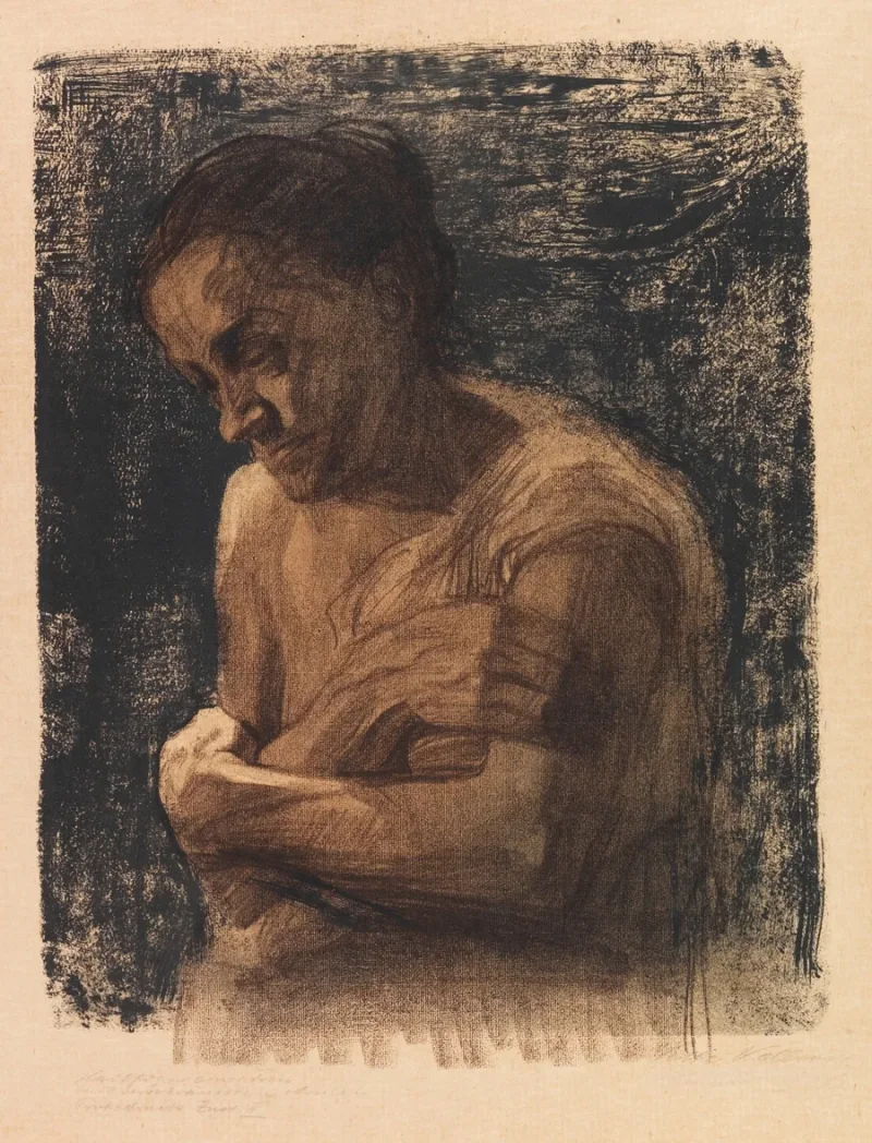 Käthe Kollwitz – Halbfigur einer Frau mit verschränkten Armen 1905 | Giclée Kunstdruck gerahmt