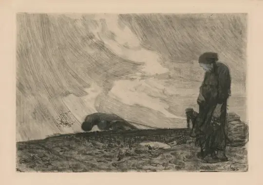 Käthe Kollwitz | Plovmand med stående kvinde i forgrunden - 1906 | Indrammet kunsttryk | Realisme