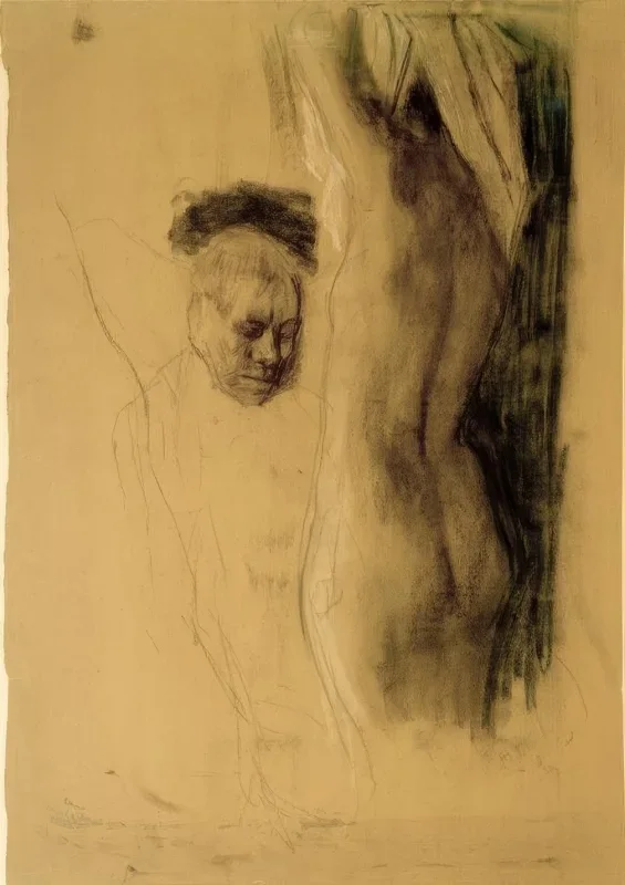Käthe Kollwitz | Knælende mand foran en nøgen kvinde – 1901 | Indrammet kunsttryk | Realisme