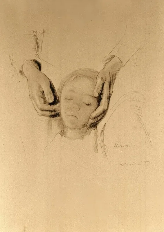 Käthe Kollwitz | Kopf eines Kindes in Händen - 1905 | Gerahmter Kunstdruck | Realismus