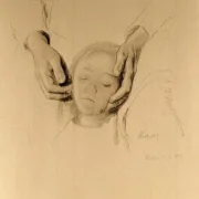Käthe Kollwitz | Kopf eines Kindes in Händen - 1905 | Gerahmter Kunstdruck | Realismus