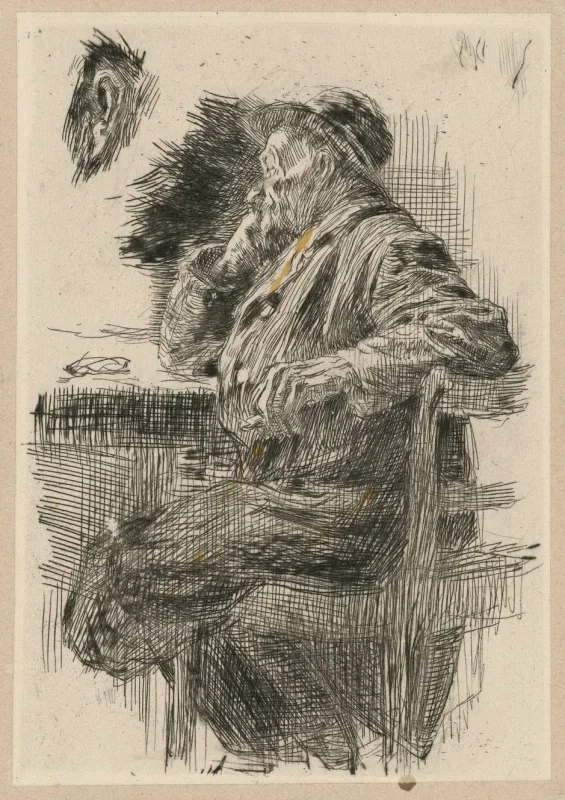 Käthe Kollwitz | Mand, der sidder ved et bord – 1891 | Indrammet kunsttryk | Realisme