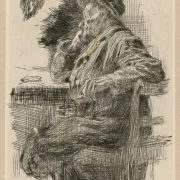 Käthe Kollwitz | Mand, der sidder ved et bord – 1891 | Indrammet kunsttryk | Realisme
