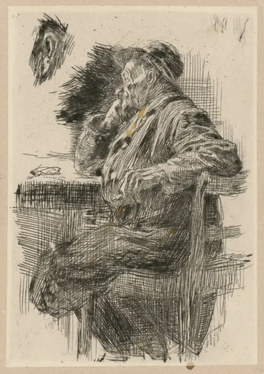 Käthe Kollwitz | Mand, der sidder ved et bord – 1891 | Indrammet kunsttryk | Realisme