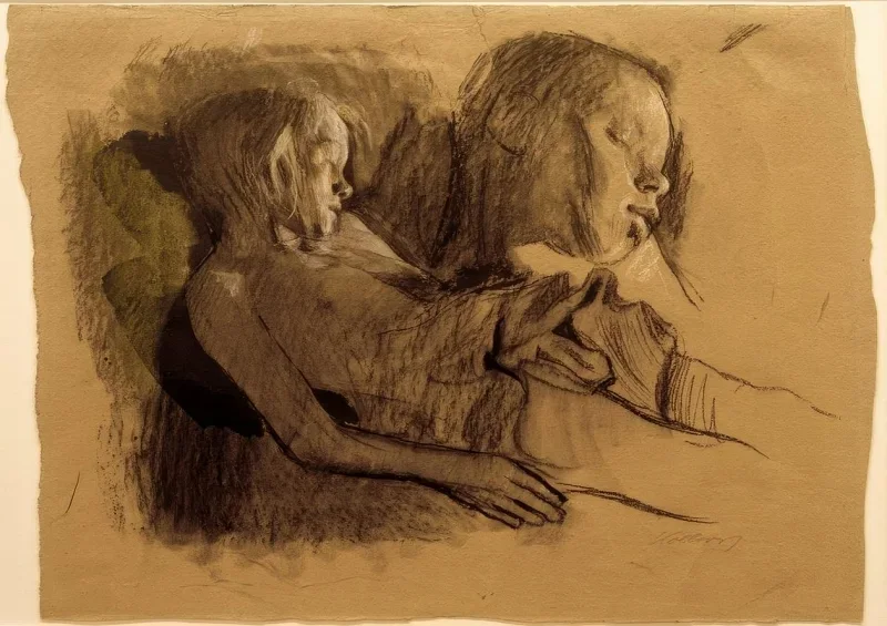 Käthe Kollwitz | Schlafendes Kind und Kinderkopf - 1907 | Gerahmter Kunstdruck | Realismus