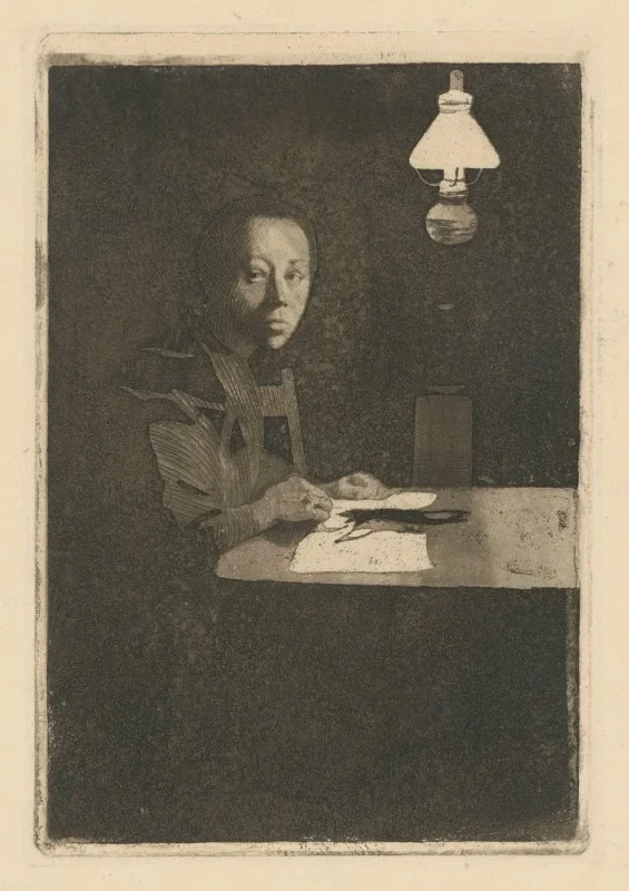 Käthe Kollwitz | Selvportræt ved bordet - 1893 | Indrammet kunsttryk | Realisme