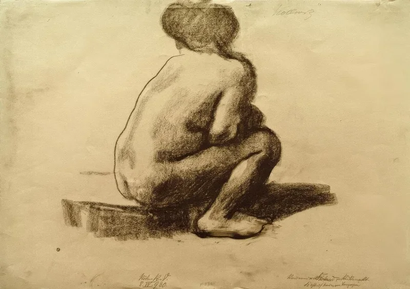 Käthe Kollwitz | Siddende kvindelig nøgenfigur – 1910 | Indrammet kunsttryk | Realisme