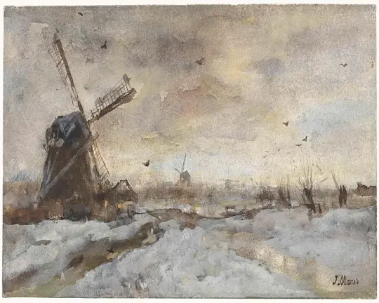 Landschaft mit einer Windmühle im Schnee - 1847