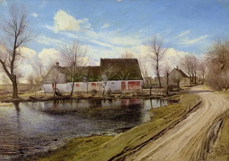 Laurits Andersen Ring | Bauernhäuser in Baldersbronde - 1911 | Gerahmter Kunstdruck | Realismus