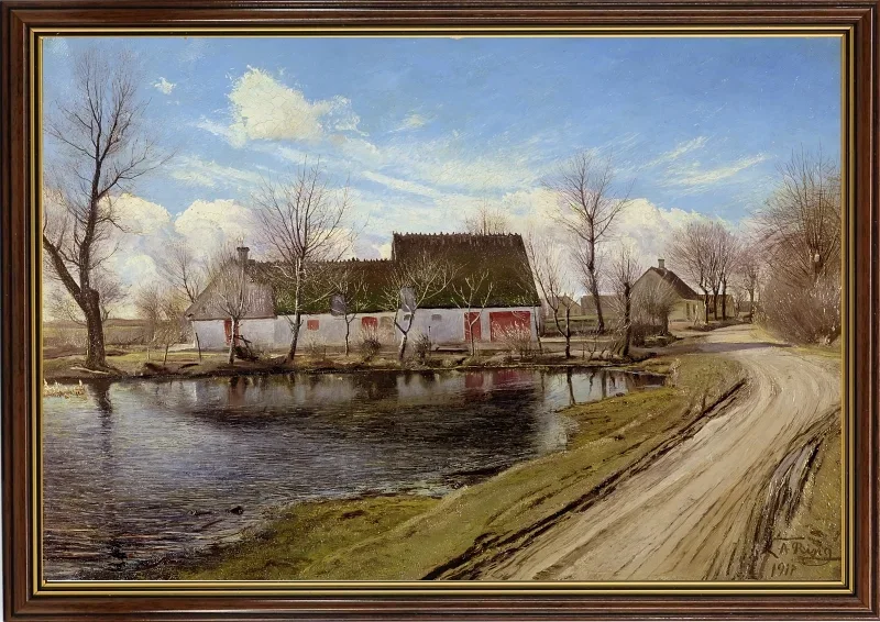 Laurits Andersen Ring | Bauernhäuser in Baldersbronde - 1911 | Gerahmter Kunstdruck | Realismus