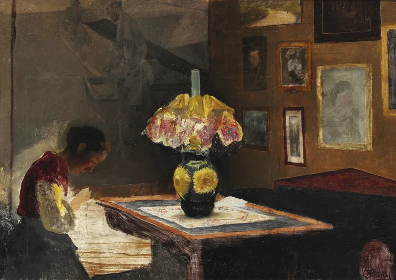 Laurits Andersen Ring | Kunstnerens hustru Sigrid syende ved lampelys – 1898 | Indrammet kunsttryk | Realisme