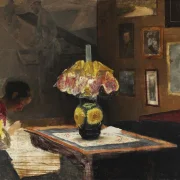 Laurits Andersen Ring | Kunstnerens hustru Sigrid syende ved lampelys – 1898 | Indrammet kunsttryk | Realisme