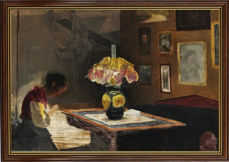 Laurits Andersen Ring | Kunstnerens hustru Sigrid syende ved lampelys – 1898 | Indrammet kunsttryk | Realisme