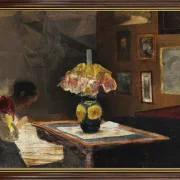 Laurits Andersen Ring | Kunstnerens hustru Sigrid syende ved lampelys – 1898 | Indrammet kunsttryk | Realisme