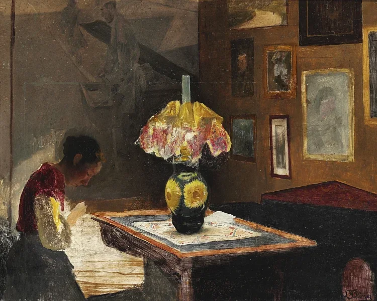 Laurits Andersen Ring – Die Frau des Künstlers Sigrid näht bei Lampenlicht 1898 | Giclée Kunstdruck gerahmt