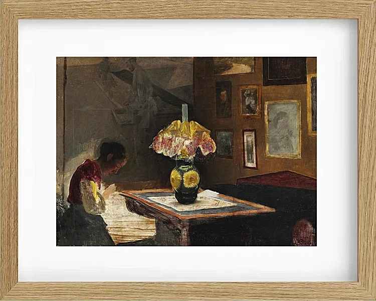 Laurits Andersen Ring – Die Frau des Künstlers Sigrid näht bei Lampenlicht 1898 | Giclée Kunstdruck gerahmt